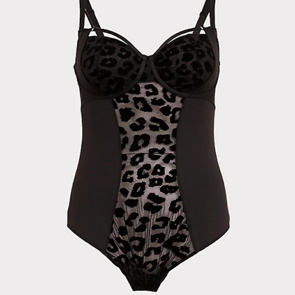 BLACK MICROFIBER & FLOCKED MESH LEOPARD BODYSUIT